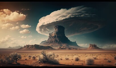  a large cloud is in the sky over a desert landscape.  generative ai