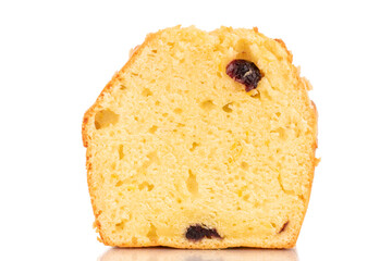 One piece of aromatic homemade muffin with raisins, macro, isolated on white background.