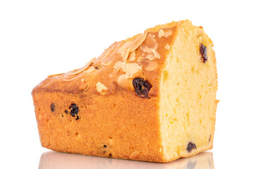 One fragrant homemade muffin with raisins, macro, isolated on white background.