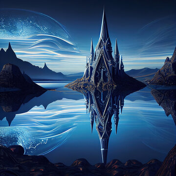 A Futuristic Dark Magical Castle Reflects on the Pristine Waters of a Blue Lake - A Vision of Sorcery - Generative AI