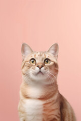 Portrait of serious ginger cat looking at camera on pink background. Generative AI
