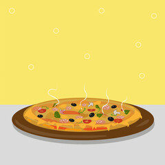 Pizza wich cheese, sausage, olives, pepper. Italian delicios round meal. Traditional italian cuisine.