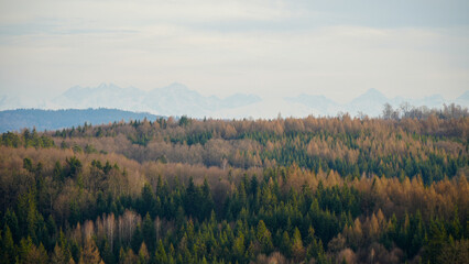 View of the peaks of the Tatra Mountains hidden behind the mist