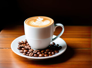cup of coffee with beans on the wooden table background