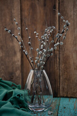 Willow branches in a glass vase. Wooden table, rustic style. Green tablecloth. Place for text.