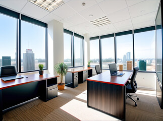 modern office interior with table and a window with city sight