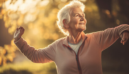 Elderly senior woman with healthy lifestyle doing some excercise in the spring