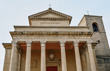 Fototapeta na wymiar The facade of The Basilica di San Marino - catholic church located in the Republic of San Marino.