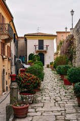 Fototapeta na wymiar Vertical shot of the downtown street buildings view with narrow paths and plants, San Marino