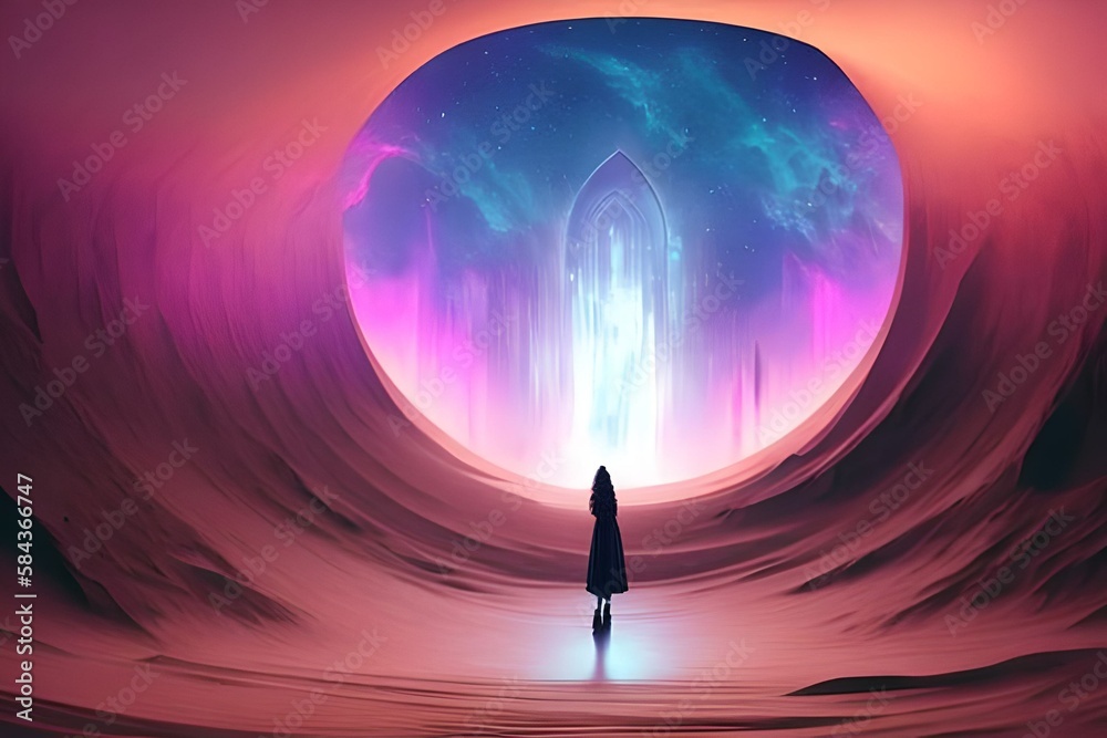 Wall mural  Image of a person standing in front of a portal to another dimension Generative AI