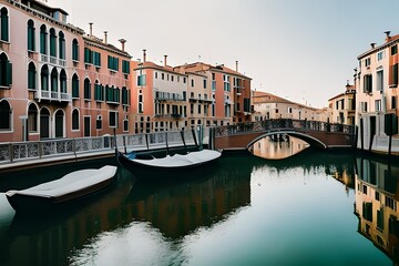 Fototapeta premium Venetian canal with historic architecture and gondolas, scenic water waterway in Venice at sunrise, traditional Italian city landscape with stone bridge