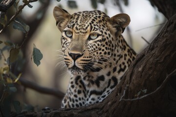 Close up young leopard portrait. Close up beautiful angry big leopard in forest. Generative Ai