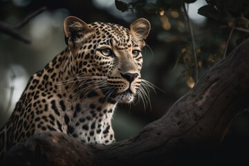 Fototapeta na wymiar Close up young leopard portrait. Close up beautiful angry big leopard in forest. Generative Ai