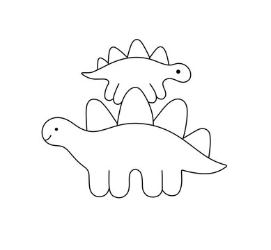 Vector isolated cute cartoon two dinos family big dino dinosaur with baby dino standing on top of another dinosaur colorless black and white contour line easy drawing