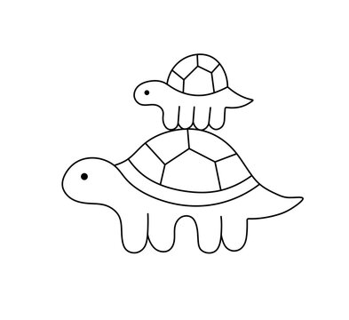 Vector isolated cute cartoon big turtle with baby turtle one turtle stands on top of another turtle  colorless black and white contour line easy drawing