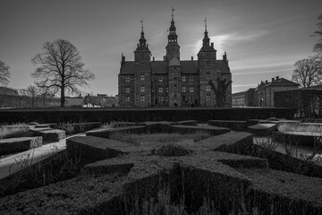 Famous Rosenborg Castle in Copenhagen, Denmark in grayscale