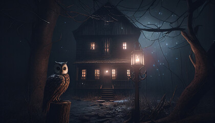 A mystical halloween owl on top of a tree trunk and a mysterious haunted house in the background