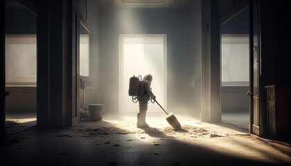 Dramatic scene of a scientist cleaning an old, dusty, empty room with sunlight streaming in through the window.