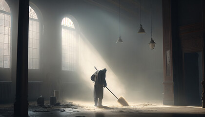 Dramatic scene of a lonely elderly man cleaning an old, dusty, empty room with sunlight streaming in through the window.