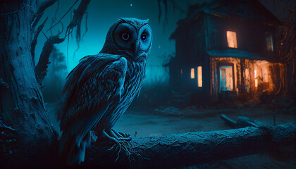 A mystical halloween owl on top of a tree trunk and a mysterious haunted house in the background