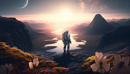 An astronaut on a new planet with a beautiful landscape with mountains and rivers.