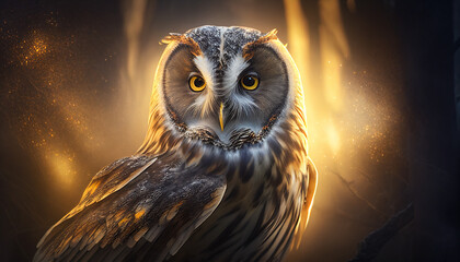 Beautiful portrait of a mysterious owl in the night forest with yellow and orange light