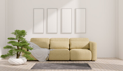 minimal room with picture frame mock up design, 3d illustration rendering