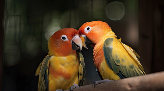 two conure parrots. . Generative AI image.