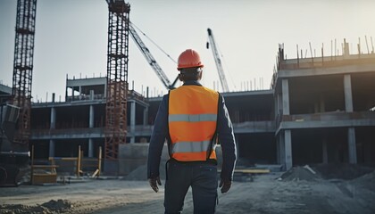 Construction concept. at back of the construction worker head which is wearing the safety helmet and checking work at the construction site. Non-existent person. Generative Ai	
