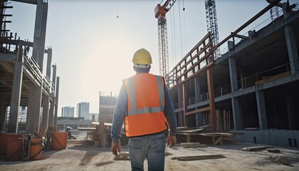 Construction concept. at back of the construction worker head which is wearing the safety helmet and checking work at the construction site. Non-existent person. Generative Ai	
