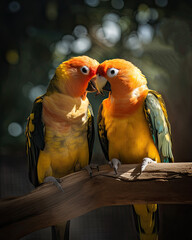 couple of sun conures sitting on the branch. . Generative AI image.