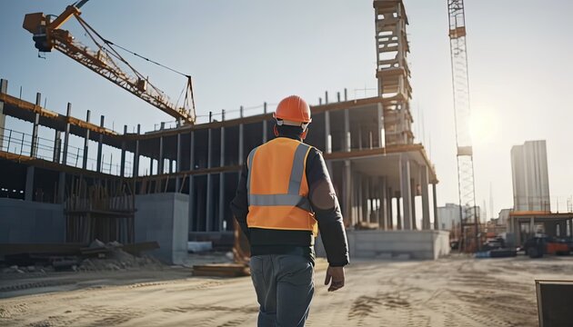Construction concept. at back of the construction worker head which is wearing the safety helmet and checking work at the construction site. Non-existent person. Generative Ai	
