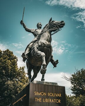 Closeup of Simon Bolivar on a horse holding his sword