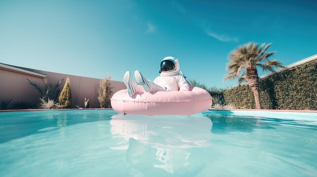 Astronaut Relaxing on Pool Float in Tranquil Swimming Pool