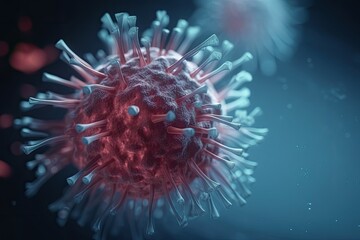 Microscope close-up of the coronavirus covid-19 disease. 2019-nCoV spreading in body cell. 3D rendering of the bacteria on a microscopic level. Generative Ai