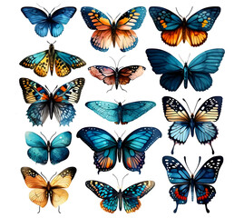 Obraz na płótnie Canvas Realistic illustration of mixed set butterflies on isolated white background created with Generative AI technology