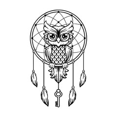 Dreamcatcher Owl - vector in tattoo style - obrazy, fototapety, plakaty