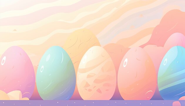 Cute Easter eggs with colorful pastel illustrations. Easter Eggs, Colorful and Pretty. Background with space for copy, text, your words, or design. Generative Ai.