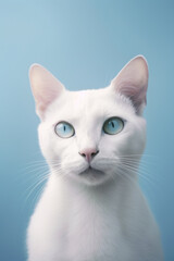 Portrait of serious khao manee cat looking at camera on blue pastel background. Generative AI