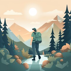 illustration on the theme of Climbing, Trekking, Hiking, and Walking. Sports, outdoor recreation, adventures in nature, vacation. Wanderlust. Downshifting. Modern flat design. Generative Ai