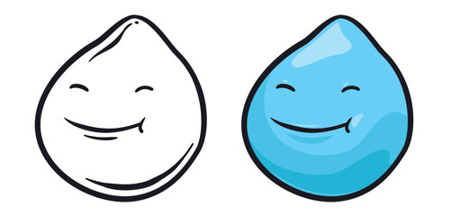 Set with chubby face of water drop in outlines and cartoon style, Vector illustration