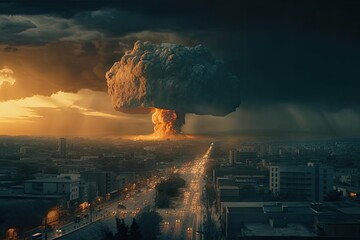 The explosion of the nuclear bomb. End of world illustration. Nuclear war threat concept. A modern nuclear bomb explosion over a small city.  Generative Ai