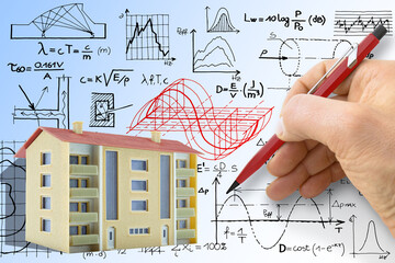 Noise reduction in buildings activity and construction industry - concept with formulas and...