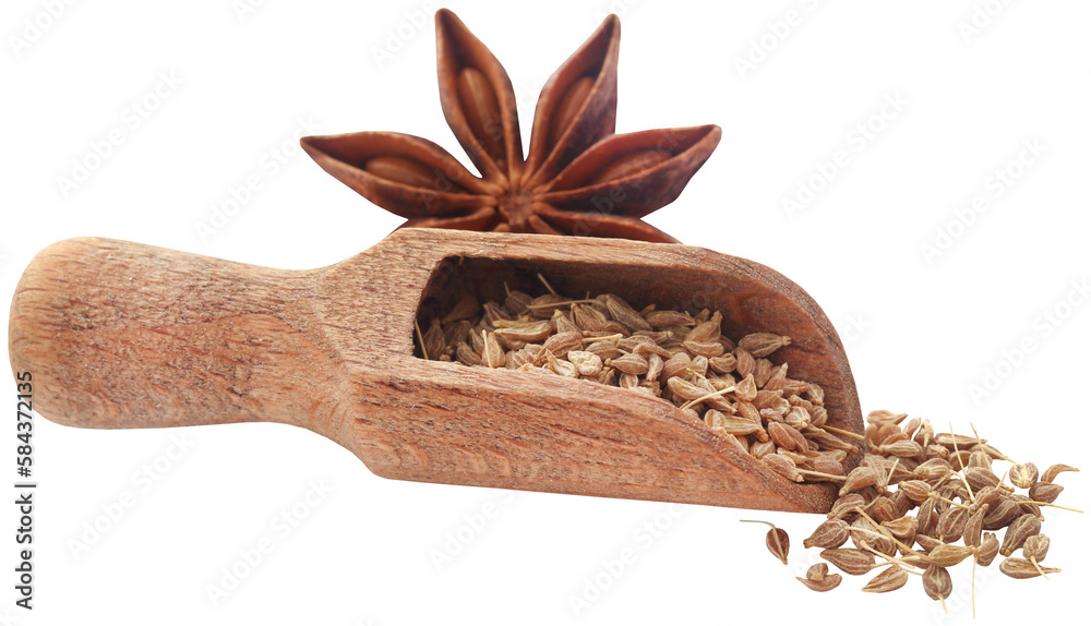 Poster anise seeds in wooden scoop and star anise