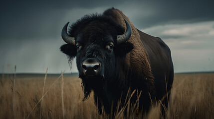 American Buffalo in Wheat Field During Storm