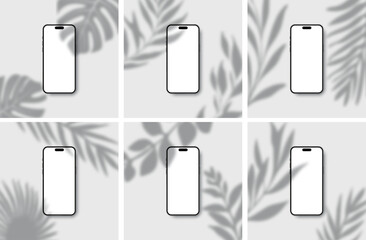 Phone mockup with shadow overlay leaves effect. Vector EPS 10
