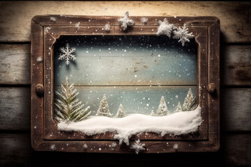 winter template with a wood background, snow and fir branches. copy spacy. Generative AI
