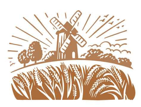 recommend clip art: Wheat field landscape with mill. Hand drawn