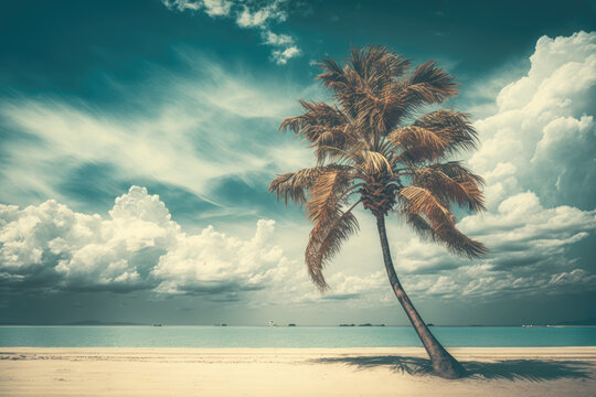 a beach by the sea with palm trees. in a vintage look. retro colors. Generative AI