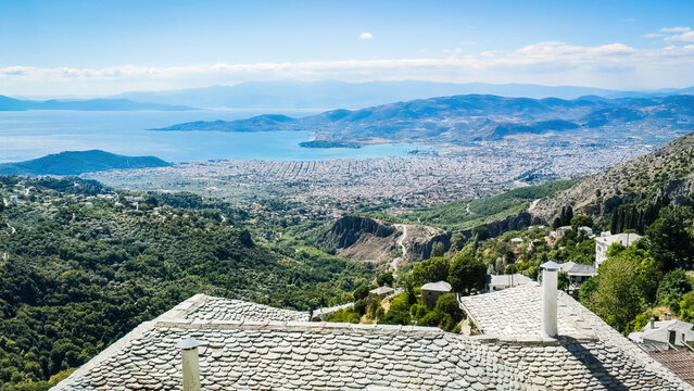 Panoramic view from Pelio mountain to port of Volos city Thessaly Greece travel and tourism destination.